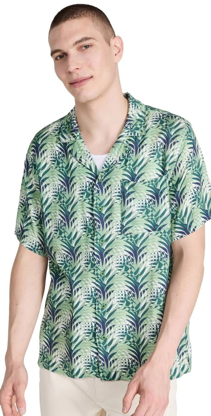 Onia Optic Leaves Green Print Short Sleeve Button Up Camp Shirt Size Large